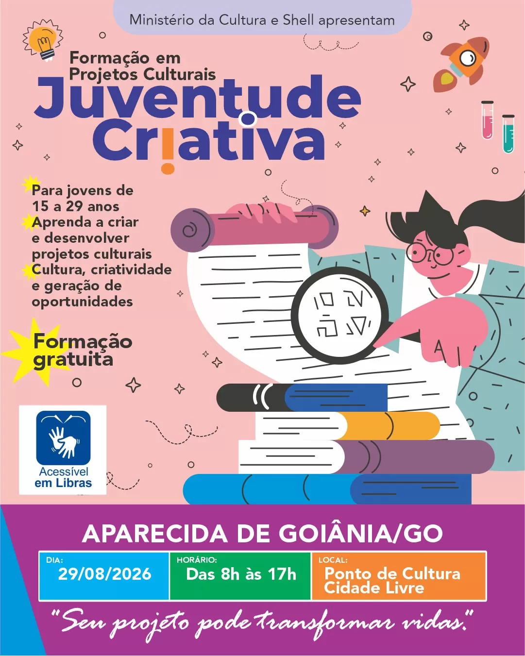 Cartaz do comunicado Formação em Projetos Culturais. Juventude Criativa - 29/08/2026